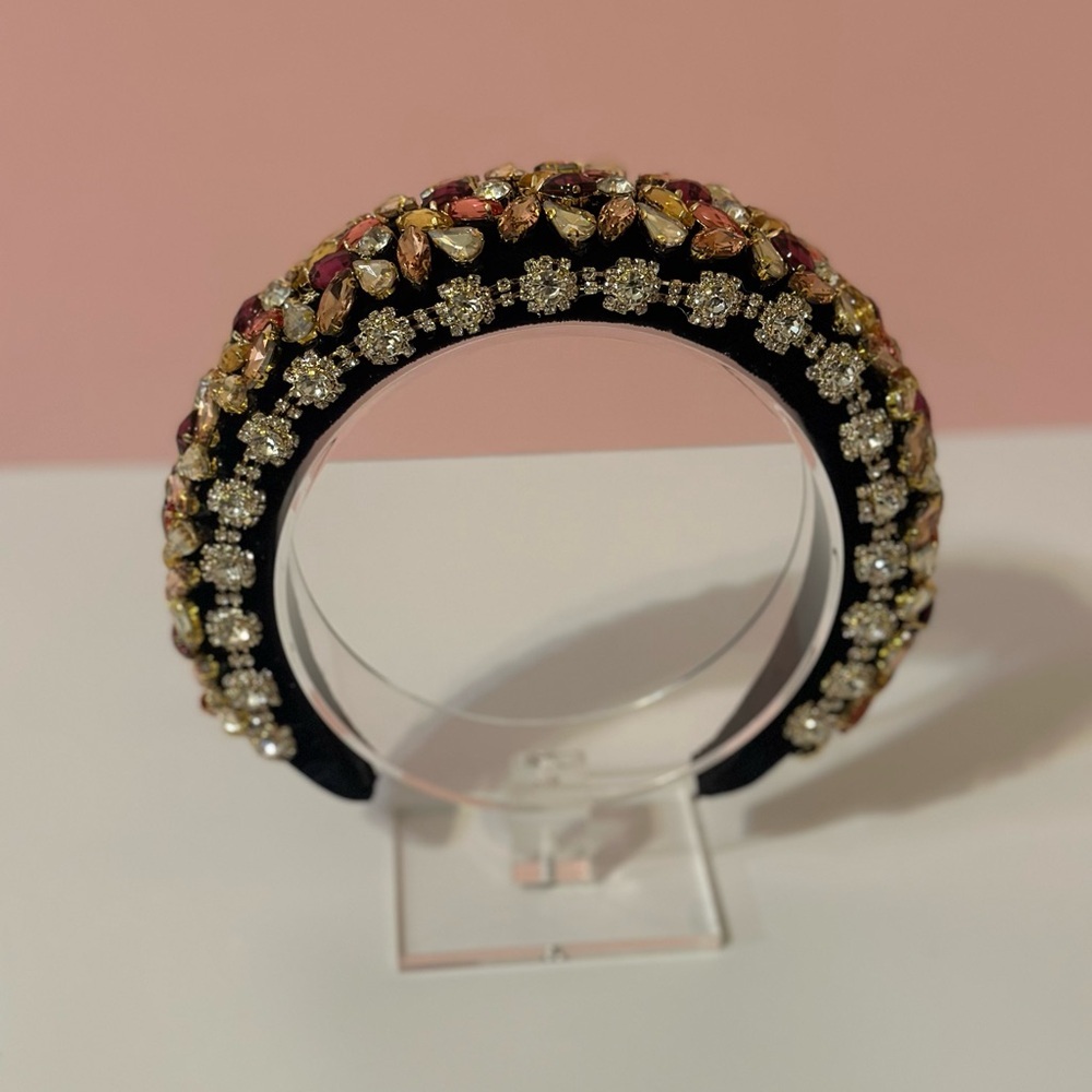 Two Tone Pink and White Rhinestone Black Velvet Headband - Picture 3 of 9